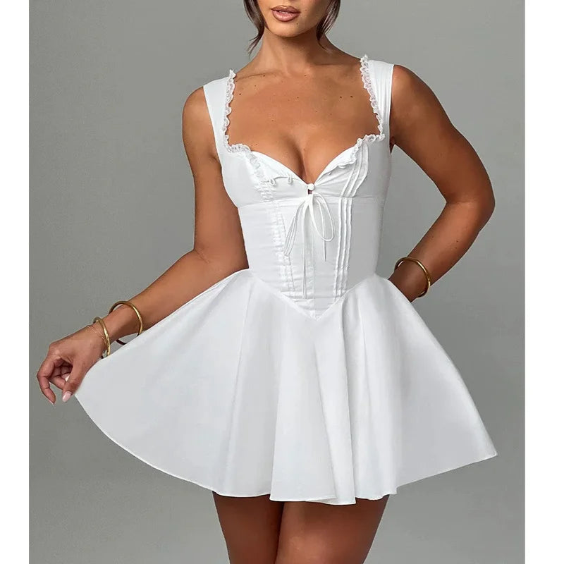 Sexy Corset Dress Women Solid Color Square Collar Sleeveless Lace Trim Hem A Line Mini Dress Evening Party Dresses