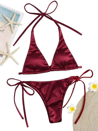 Sexy Women’s Metallic Halter Top Two Piece Swimsuit Tie Side Triangle Bikini Summer Solid Bathing Suit Beachwear Bikini Set