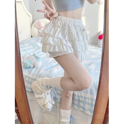Minifalda con volantes Y2K para mujer, estilo kawaii, estilo lolita, con lazo, estilo harajuku, estilo japonés, de cintura alta, color rosa y blanco.