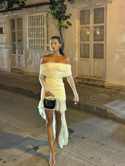 Elegant Long Sleeve Mesh Patchwork Ruffle Irregular Dress Female Sexy One Shoulder Fall Winter Party Club Evening Dress