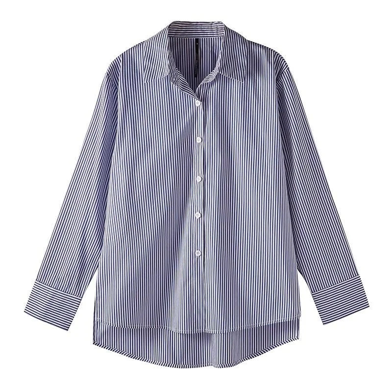 Blusa holgada clásica de rayas para mujer, camisa de primavera y otoño con mangas largas tipo farol y cuello alto