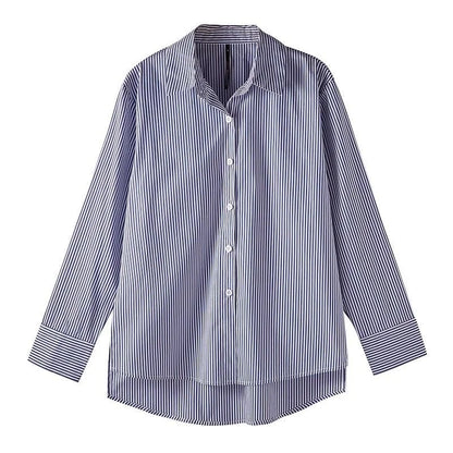 Blusa holgada clásica de rayas para mujer, camisa de primavera y otoño con mangas largas tipo farol y cuello alto