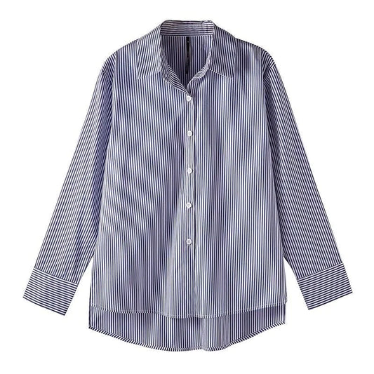 Blusa holgada clásica de rayas para mujer, camisa de primavera y otoño con mangas largas tipo farol y cuello alto
