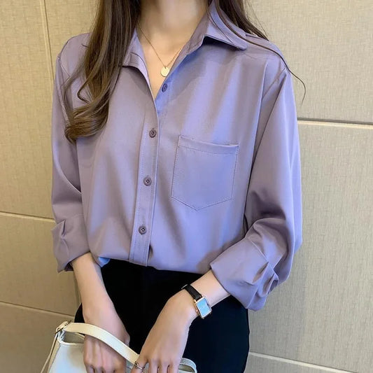 Blusas de estilo primavera otoño para mujer, camisas informales de manga larga con cuello vuelto, blusas de color liso, blusas