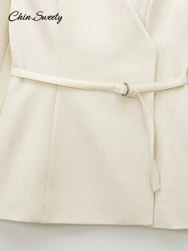 Chaqueta de traje con cinturón fino para mujer, cuello en V, hebilla, manga larga, color liso, primavera 2025, para mujer, para ir al trabajo, ropa de abrigo de cintura alta, nueva