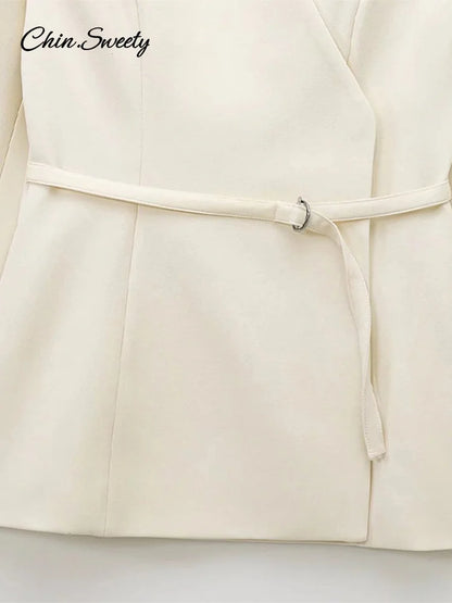 Chaqueta de traje con cinturón fino para mujer, cuello en V, hebilla, manga larga, color liso, primavera 2025, para mujer, para ir al trabajo, ropa de abrigo de cintura alta, nueva