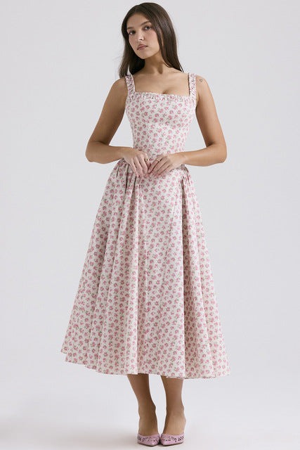 Vestidos de tirantes finos con estampado de flores para mujer, moda sexy, espalda descubierta, corte bajo, pliegues, estilo vacacional, vestido midi ajustado, vestidos femeninos