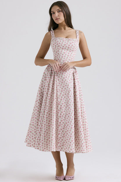 Vestidos de tirantes finos con estampado de flores para mujer, moda sexy, espalda descubierta, corte bajo, pliegues, estilo vacacional, vestido midi ajustado, vestidos femeninos