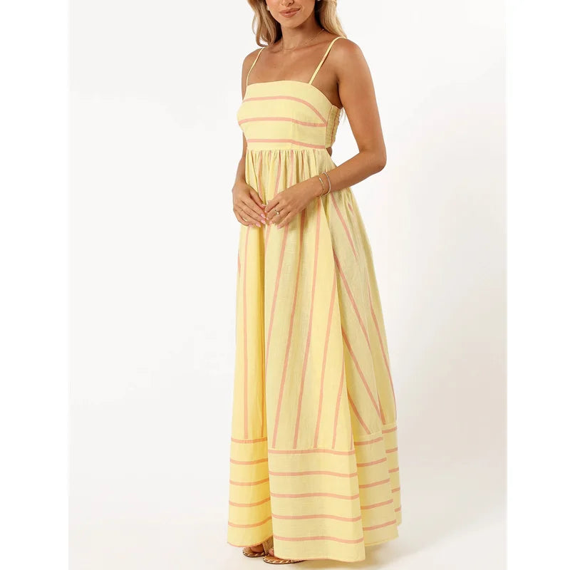 Vacation Dresses  Summer Women Striped Spaghetti Strap Sleeveless High Waist A Line Long Dresses Party Clubwear