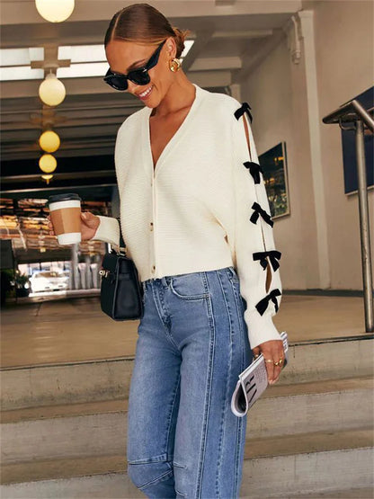 Suéter tipo cárdigan de punto con lazo para mujer, cuello en V, acanalado, calado, informal, con cordones en contraste, elegante, para mujer