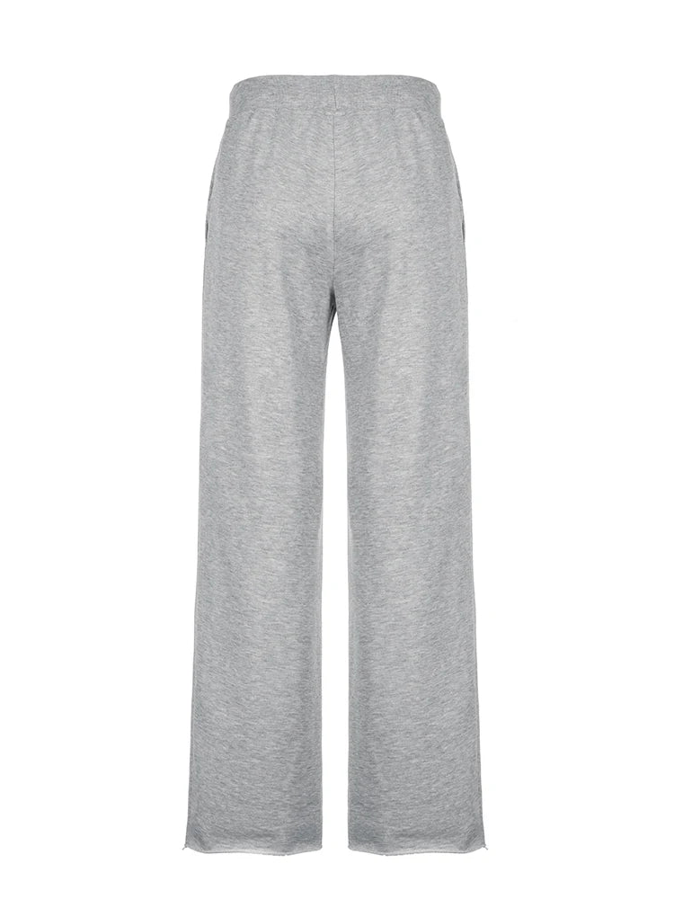 Pantalones deportivos holgados de cintura alta con bolsillos y cordón para mujer, color gris, lisos, básicos, sencillos, de pierna recta, para correr