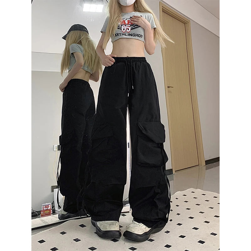 Pantalones cargo Y2K para mujer, ropa de calle, pantalones deportivos holgados de pierna ancha y gran tamaño, estilo Harajuku con bolsillos grandes, de cintura alta