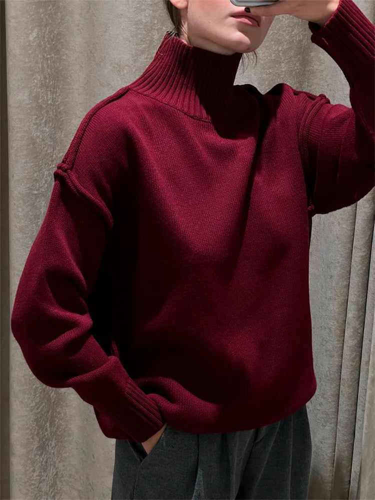 Suéter de cuello alto de punto de invierno para mujer, ropa holgada informal con retazos acanalados, suéter de manga larga de gran tamaño, prendas de punto para mujer