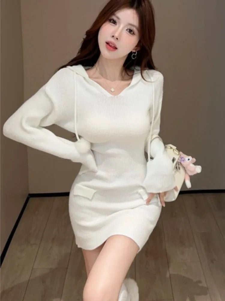 Vestidos de punto de otoño para mujer, sudaderas con capucha, cuello en V, manga larga, ajustados, vestido corto, informal, coreano, elegante, nuevo