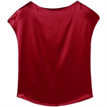 Blusas de oficina de verano de manga corta con cuello redondo, blusa de satén, camisas para mujer, camisas casuales lisas y holgadas, blusas DF4904