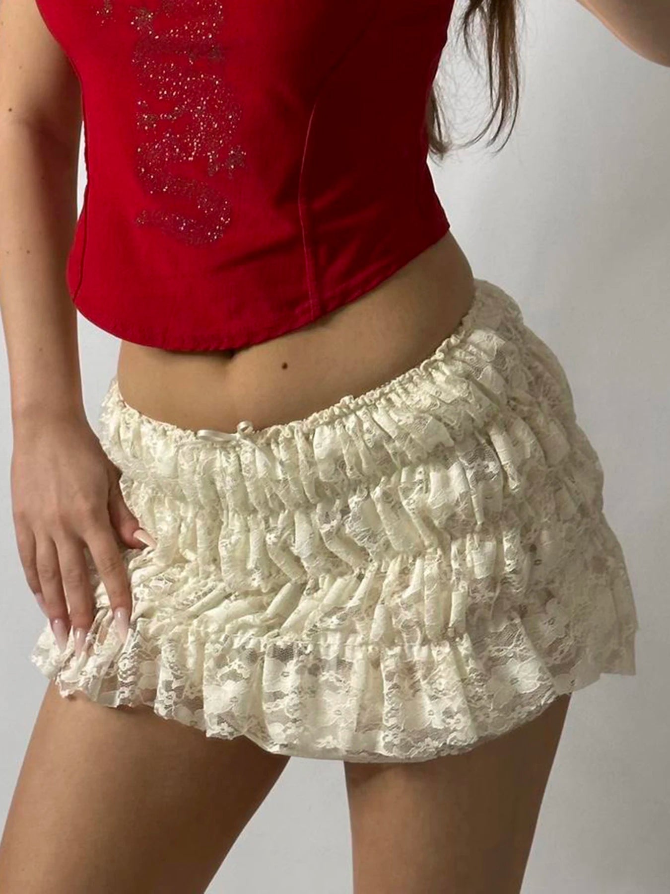 Sweet Cute Balletcore Women Mini Skirts Solid Lace Bow Ruched Cake Skirt Spring Summer Trendy Clothes
