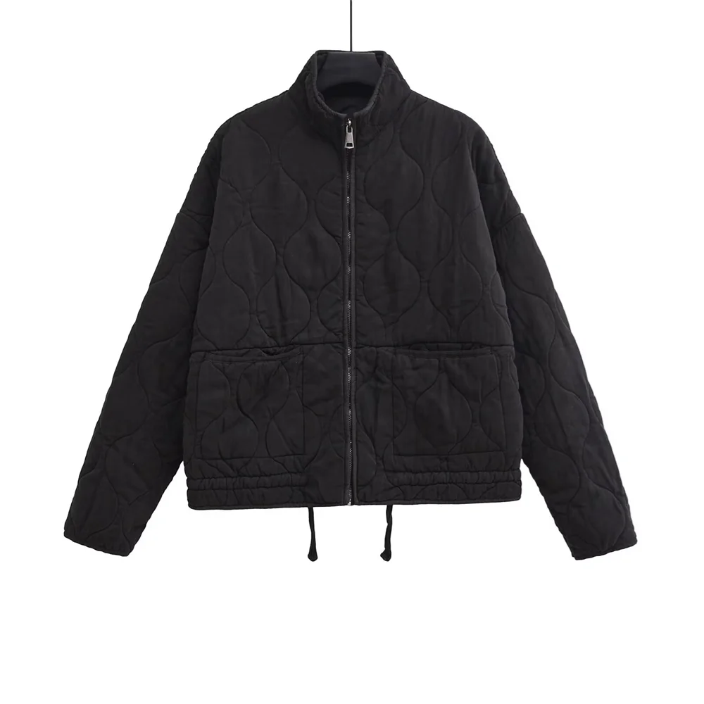 Abrigo de algodón con cuello alto, holgado, con bolsillos y rejilla de rombos para mujer, estilo de invierno, para uso diario y tiempo libre