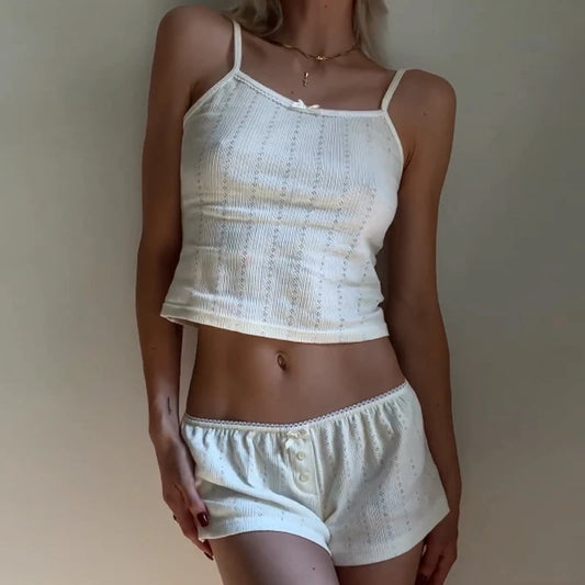 Conjunto Kawaii de 2 piezas con estampado de Fairycore Cottage, top corto con lazo y minipantalones cortos, pijamas de los años 2000, ropa de estar para mujer, conjuntos vintage Y2K