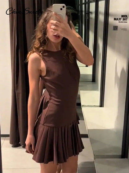 Elegante minivestido plisado para mujer, marrón, cuello redondo, sin mangas, corte A, cintura alta, vestidos de fiesta, moda informal, nuevo, batas con cremallera