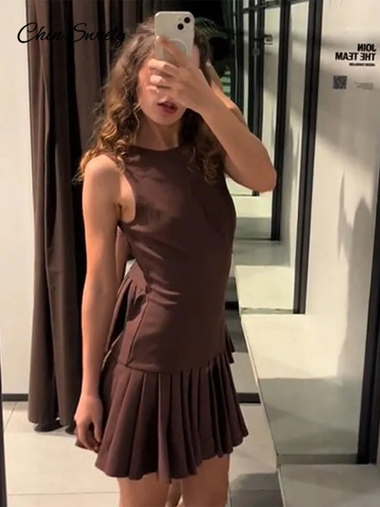 Elegante minivestido plisado para mujer, marrón, cuello redondo, sin mangas, corte A, cintura alta, vestidos de fiesta, moda informal, nuevo, batas con cremallera