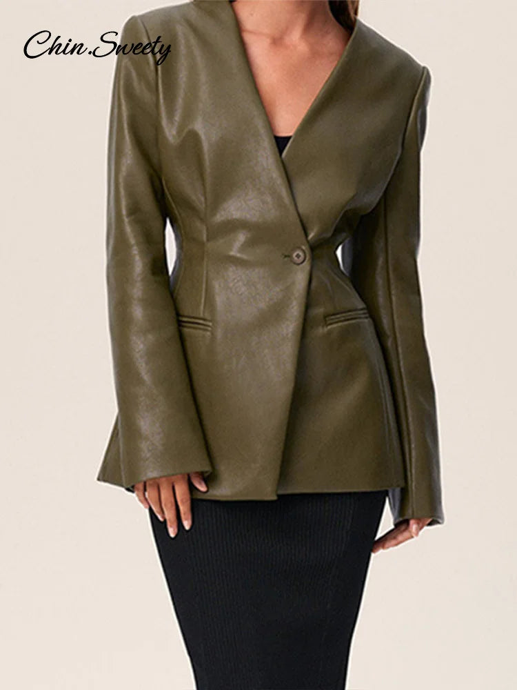 Chaqueta de cuero para mujer, estilo urbano, verde, con pliegues, escote en V, un botón, manga larga, bolsillos, abrigo hasta la cintura, primavera 2025, estilo urbano Y2K.