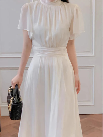 Elegantes vestidos midi sólidos para mujer, con volantes, cuello medio alto, corte en A, para oficina, informales, moda coreana, otoño, nuevos vestidos para mujer