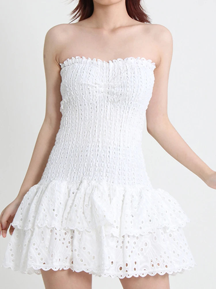 Elegante vestido mini con bordado recortado para mujer, sin tirantes, hombros descubiertos, cintura alta, ropa femenina, verano 2025, 23A430