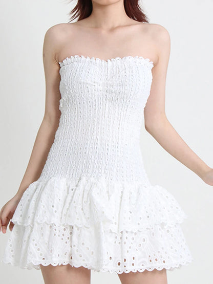 Elegante vestido mini con bordado recortado para mujer, sin tirantes, hombros descubiertos, cintura alta, ropa femenina, verano 2025, 23A430