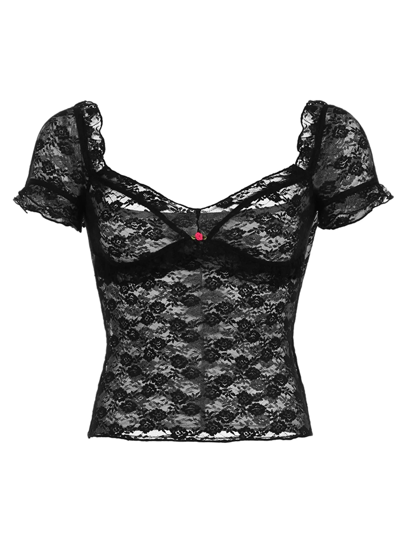 Camisetas transparentes ajustadas y sexis de encaje con cuello cuadrado negro para mujer, blusas de manga corta con flores lisas rosas, blusas estilo ballet Y2K