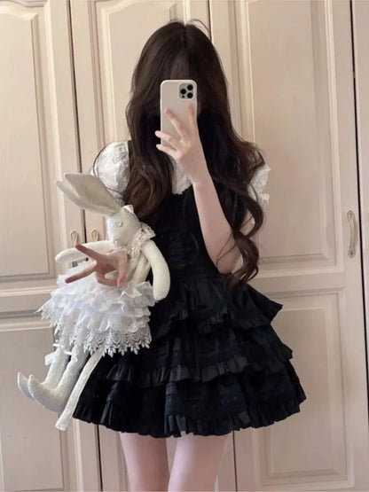 Conjunto de vestido de dos piezas Y2K para mujer, camisa de manga abullonada, minivestido negro con volantes en forma de A, traje de moda coreana, nuevo atuendo de verano