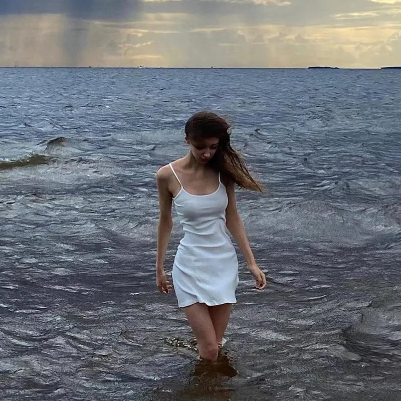 Basic Dress for Women White Spaghetti Strap Sleeveless A Line Mini Dresses y2k Clothes 2000s Aesthetic Dress Beach Wear