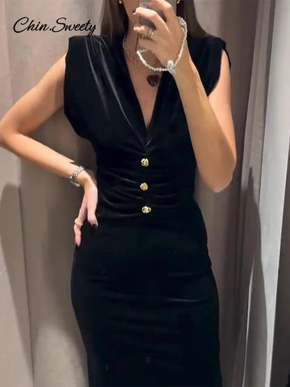 Vestido largo vintage de terciopelo con escote en V para mujer, elegante, sin mangas, plisado, con botones de metal, cintura alta, para fiesta, 2025, vestido de noche para mujer