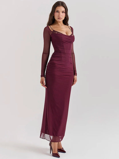 Elegante vestido maxi sexy de manga larga transparente para mujer, vestido largo sexy de malla sin tirantes y espalda descubierta para fiesta en club.