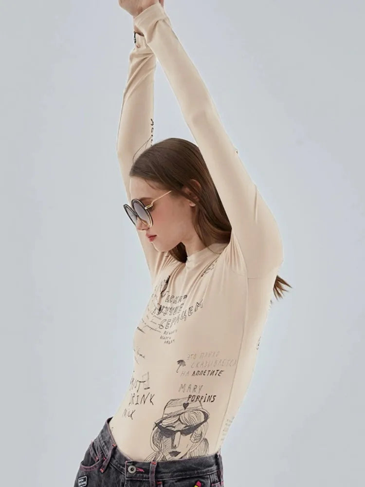 Body sexy ajustado con estampado de letras para mujer, top corto Y2k, ropa de manga larga, body femenino ajustado