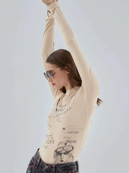 Body sexy ajustado con estampado de letras para mujer, top corto Y2k, ropa de manga larga, body femenino ajustado