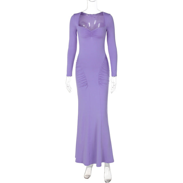 Vestido largo sexy de manga larga con cuello cuadrado para mujer, vestido de moda elegante de otoño, vestido maxi ajustado liso, ropa de club.