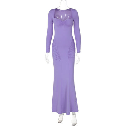 Vestido largo sexy de manga larga con cuello cuadrado para mujer, vestido de moda elegante de otoño, vestido maxi ajustado liso, ropa de club.