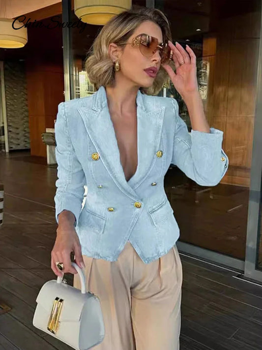 Slim Cropped Denim Jacket Women Lapel Long Sleeve Double Breasted Blazer Coat Female 2025 Spring Summer High Street Outwears