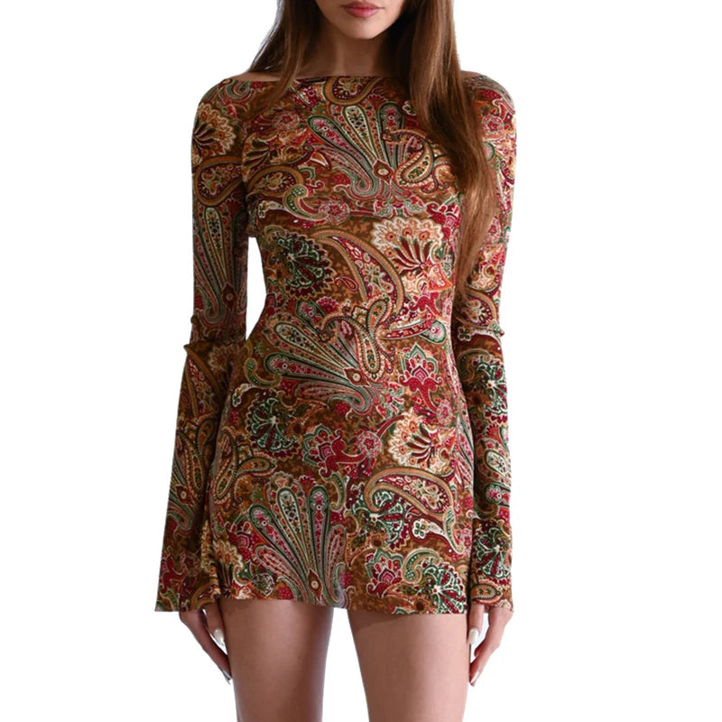 Vestido mini elegante de malla negra para mujer, ropa de calle, elegante, sexy, sin espalda, manga larga, estilo vintage de los 90, vacaciones, ropa con gráficos independientes.