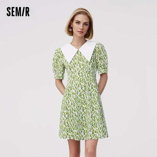 Dress Women Contrast Color Big Lapel Summer New Full Print Waist Textured Skirt Fresh For Women