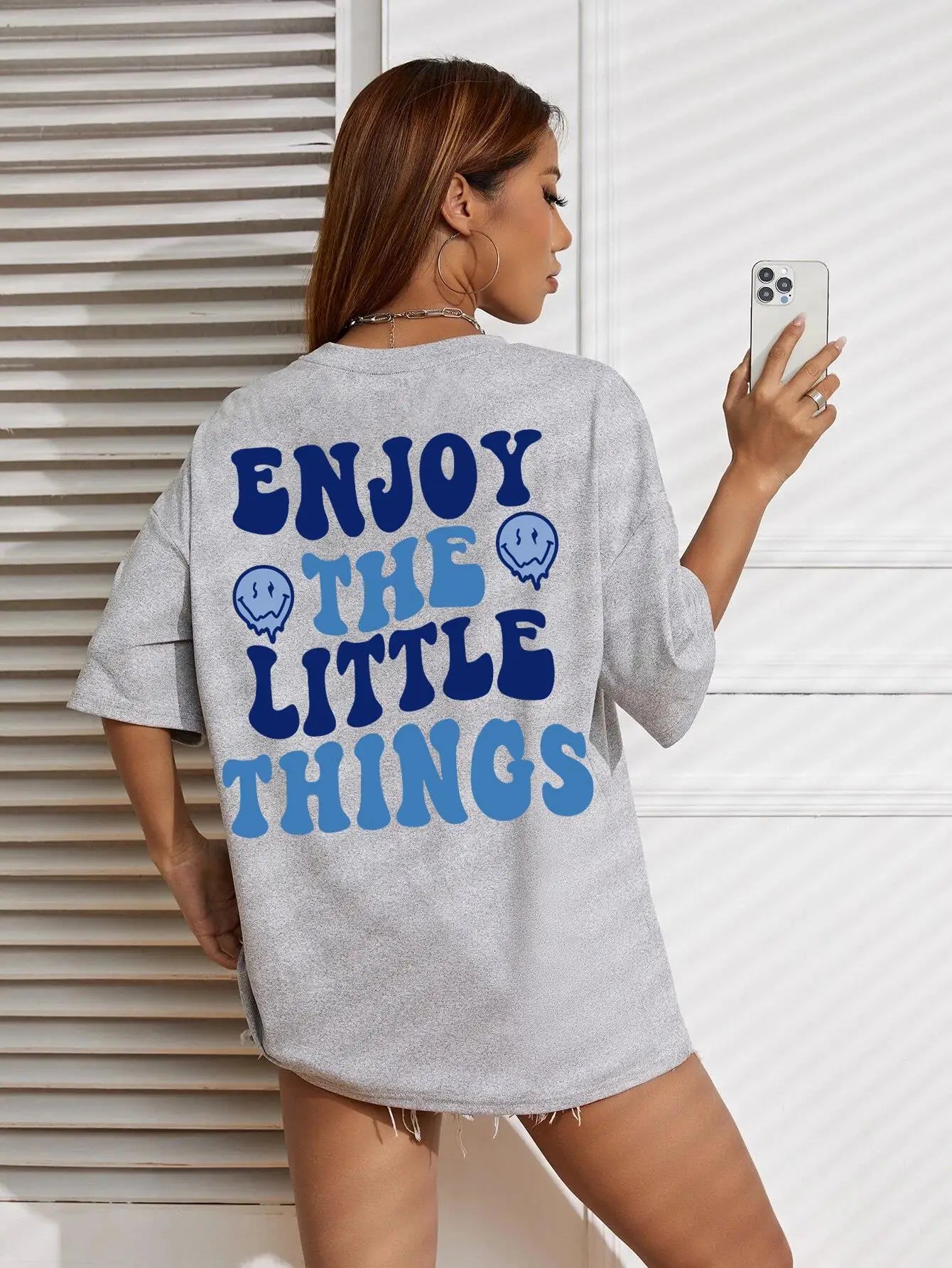 Enjoy The Little Things Slogan Letter Printed Women T-Shirts Loose Oversized Clothing Personality Street Casual Short Sleeves