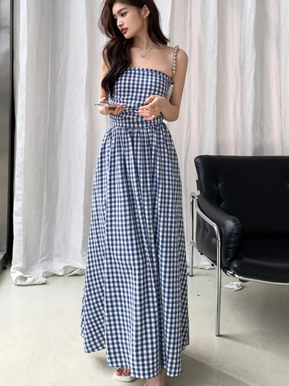 Vestidos midi casuales sin tirantes para mujer, a rayas, sin mangas, corte en A, estilo coreano, elegante, para fiesta de verano, nuevos vestidos para mujer