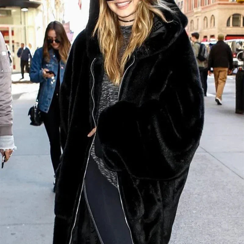 Abrigo largo de piel sintética de marca de lujo de moda de invierno para mujer, chaqueta con capucha y cremallera, abrigos gruesos y cálidos de piel sintética de conejo de peluche