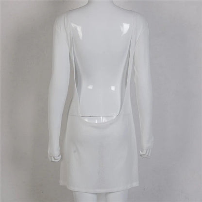 Backless White Dress Women Sheer Transparent Round Neck Long Sleeve Knitted Bodycon Dress Sexy Party Dresses Beachwear