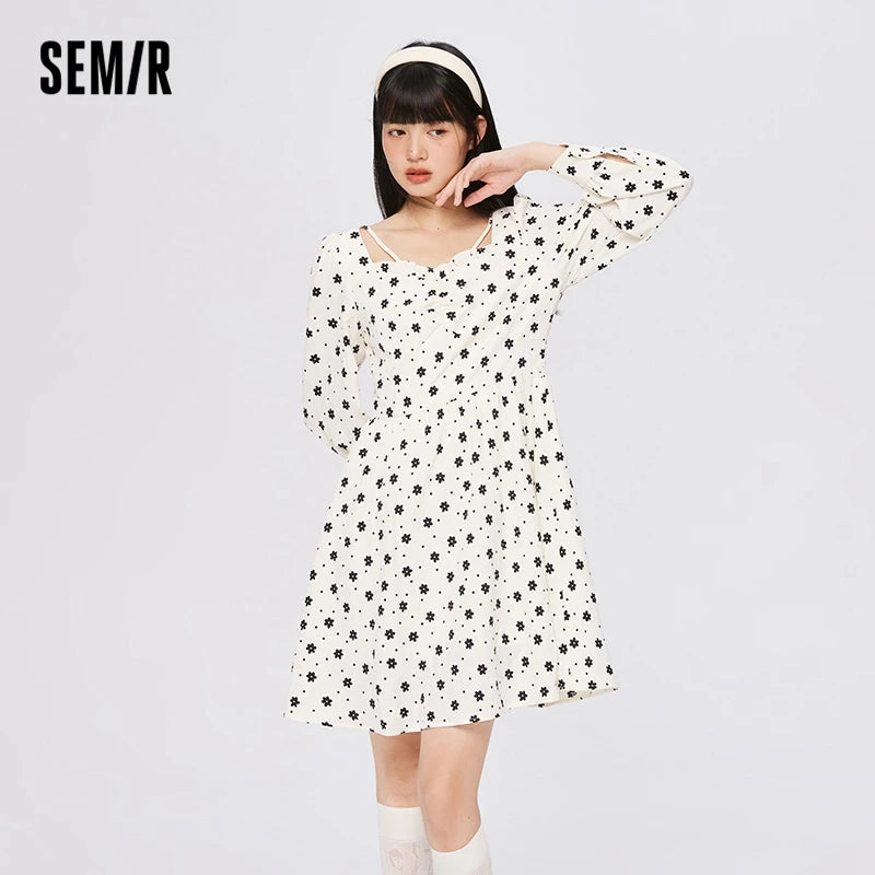 Dress Women Texture Fungus Edge Floral Dresses Temperament  Autumn New Waist Square Collar Dress
