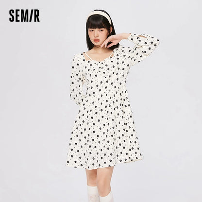 Dress Women Texture Fungus Edge Floral Dresses Temperament  Autumn New Waist Square Collar Dress