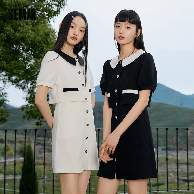 Dress Women Contrast Texture Fake Two Pieces  Summer New Bubble Sleeve Breasted Short Dress Elegant Small Fragrance
