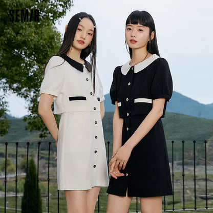Dress Women Contrast Texture Fake Two Pieces  Summer New Bubble Sleeve Breasted Short Dress Elegant Small Fragrance