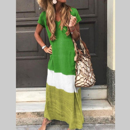 Vestidos largos casuales sueltos con colores contrastantes para mujer, moda de verano, cuello en V, mangas cortas, vestido maxi para mujer, vestidos para ir al trabajo, nuevos