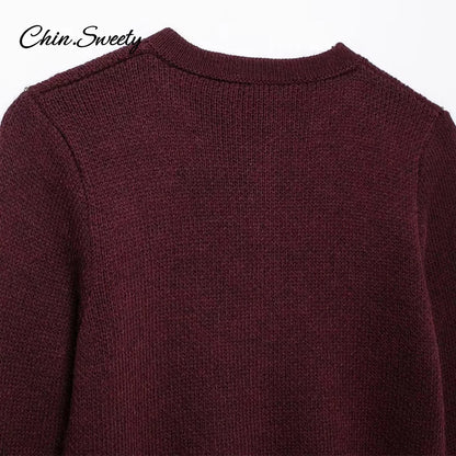 Cárdigan de punto burdeos para mujer, cuello redondo, botonadura sencilla, manga larga, bolsillo, otoño e invierno, prendas de punto que combinan con todo.